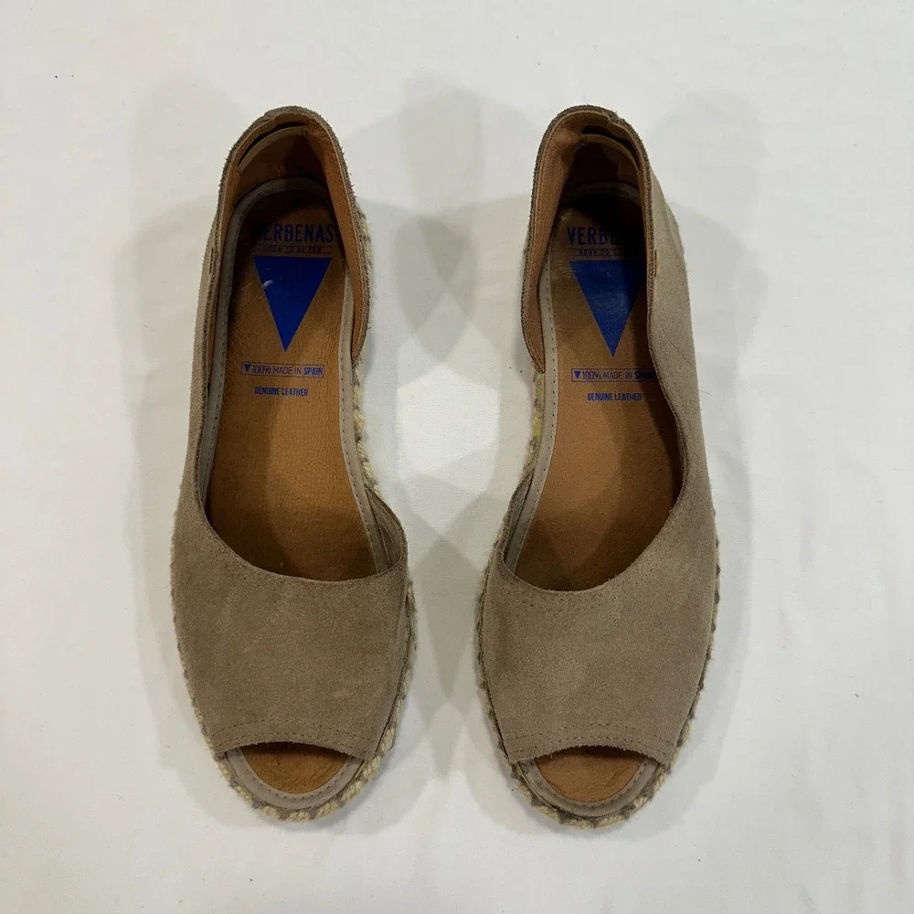 Verbenas Cruz Espadrille Flats Women Size 40 Taupe Suede Peep Toe | Coastal Boho